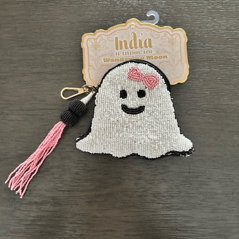 Wandering Moon Ghost Beaded Pouch with Pink Tassel